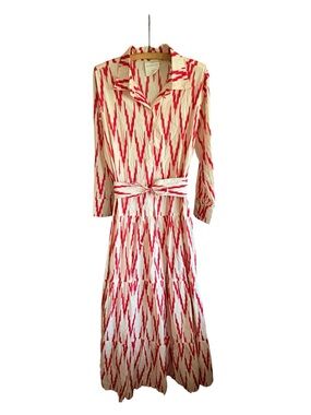 Guadalupe Meredith Ikat Dress Red White Tiered Maxi Size S